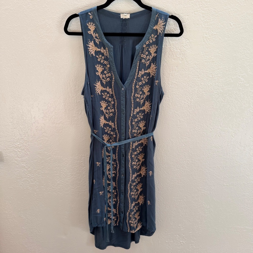 Anthropology Tiny XL Blue Floral Embroidered Sleeveless Button Dress XL Boho